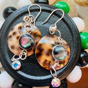 Handmade Seashell and Cabochon Dangle Earrings 2 1/2 Inches